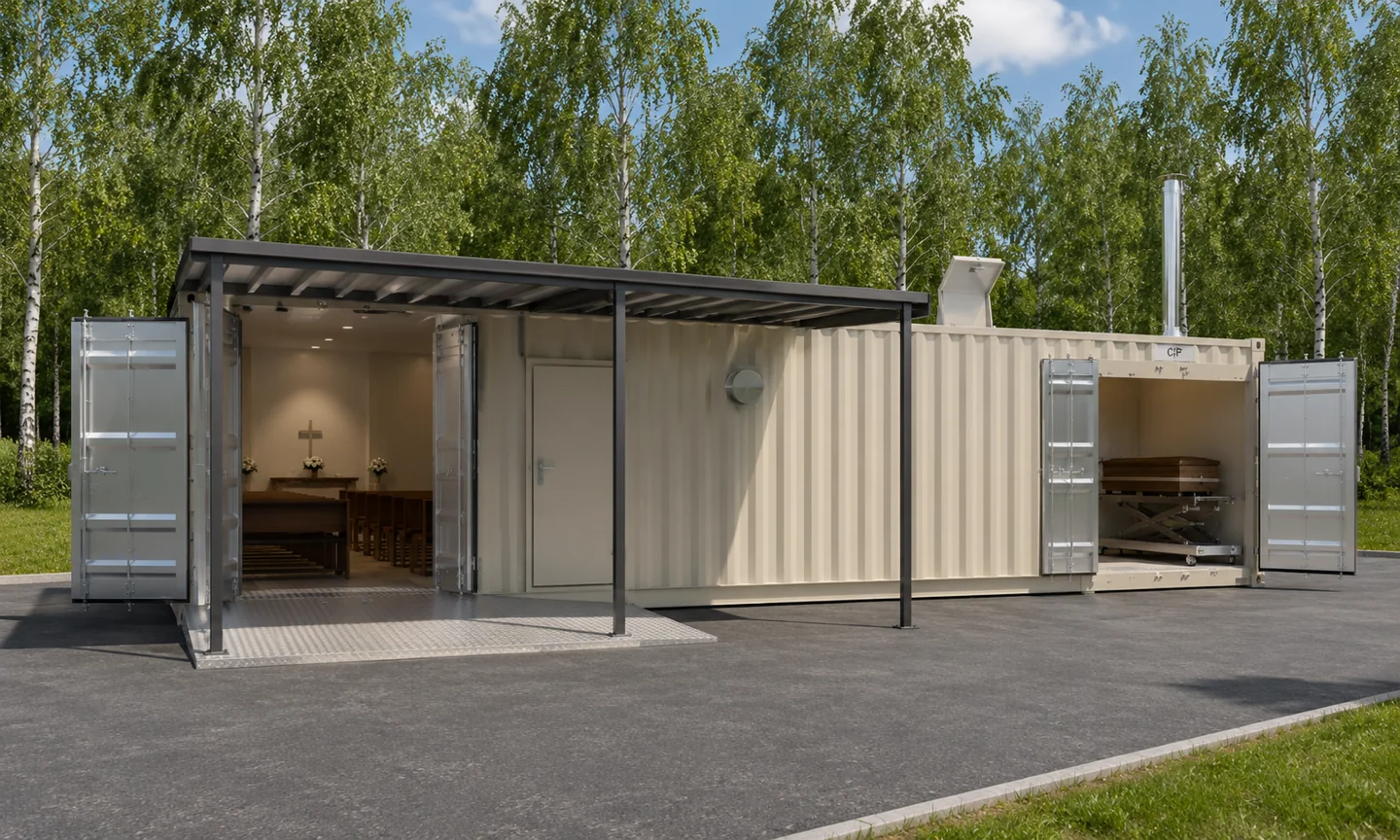 Modular crematorium in a landscaped setting